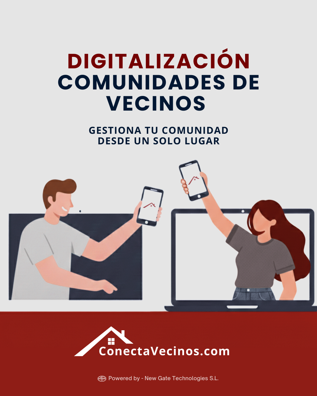 Imagen promocional de conecta vecinos. Dos personas aparecen con su teléfono móvil y unas pantallas al fondo alegando a la digitalización en comunidades