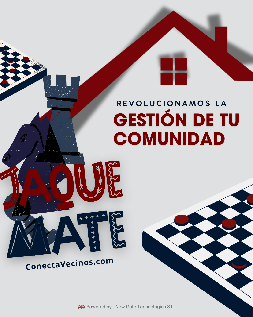 Imagen promocional de ConectaVecinos.com con piezas de ajedrez y el mensaje “Revolucionamos la gestión de tu comunidad”, destacando soluciones digitales para comunidades de vecinos.