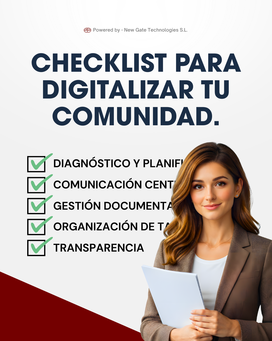 Imagen para el artículo: checklist para digitalizar tu comunidad de vecinos. Imagen de gestora con papeles y una checklist. Por encima el logo corporativo de conecta vecinos