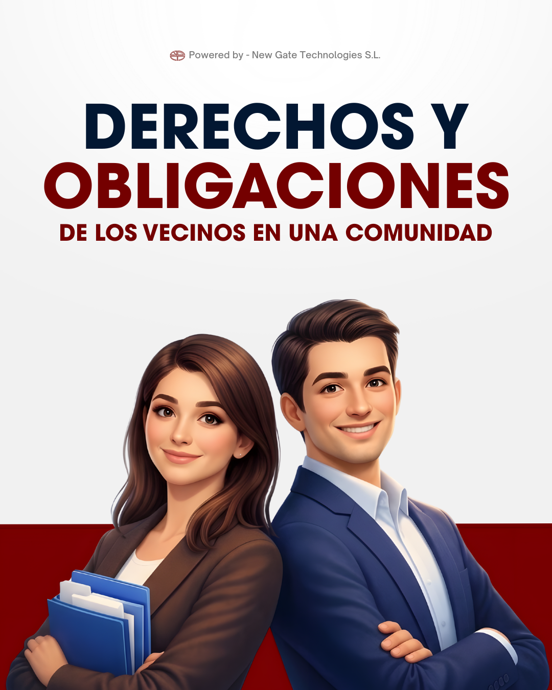 Imagen de una chica y un chico jóvenes con aspecto de profesionales de la gestión y el título del artículo sobre ellos: derechos y obligaciones de los vecinos