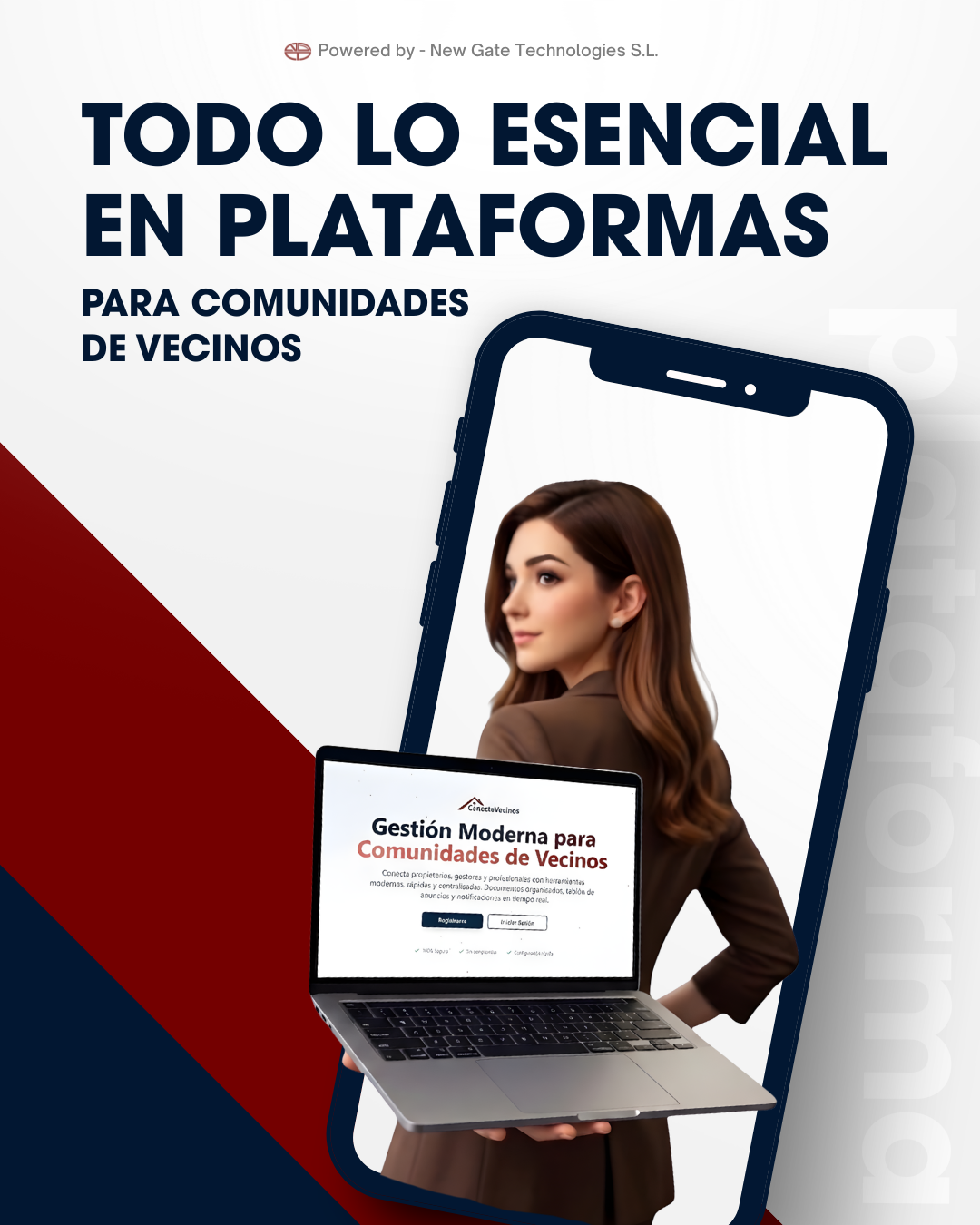 Imagen de una gestora que está situada entre un ordenador portátil al frente y un gran teléfono celular al fondo. Por encima está el texto del artículo: Todo lo esencial en plataformas para comunidades de vecinos
